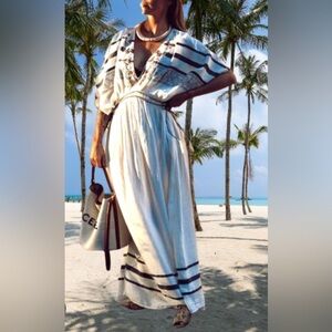 ZARA Sz M-L Gauzy Drawstrings Tassels Beaded V-Neck Striped Maxi Dress NEW